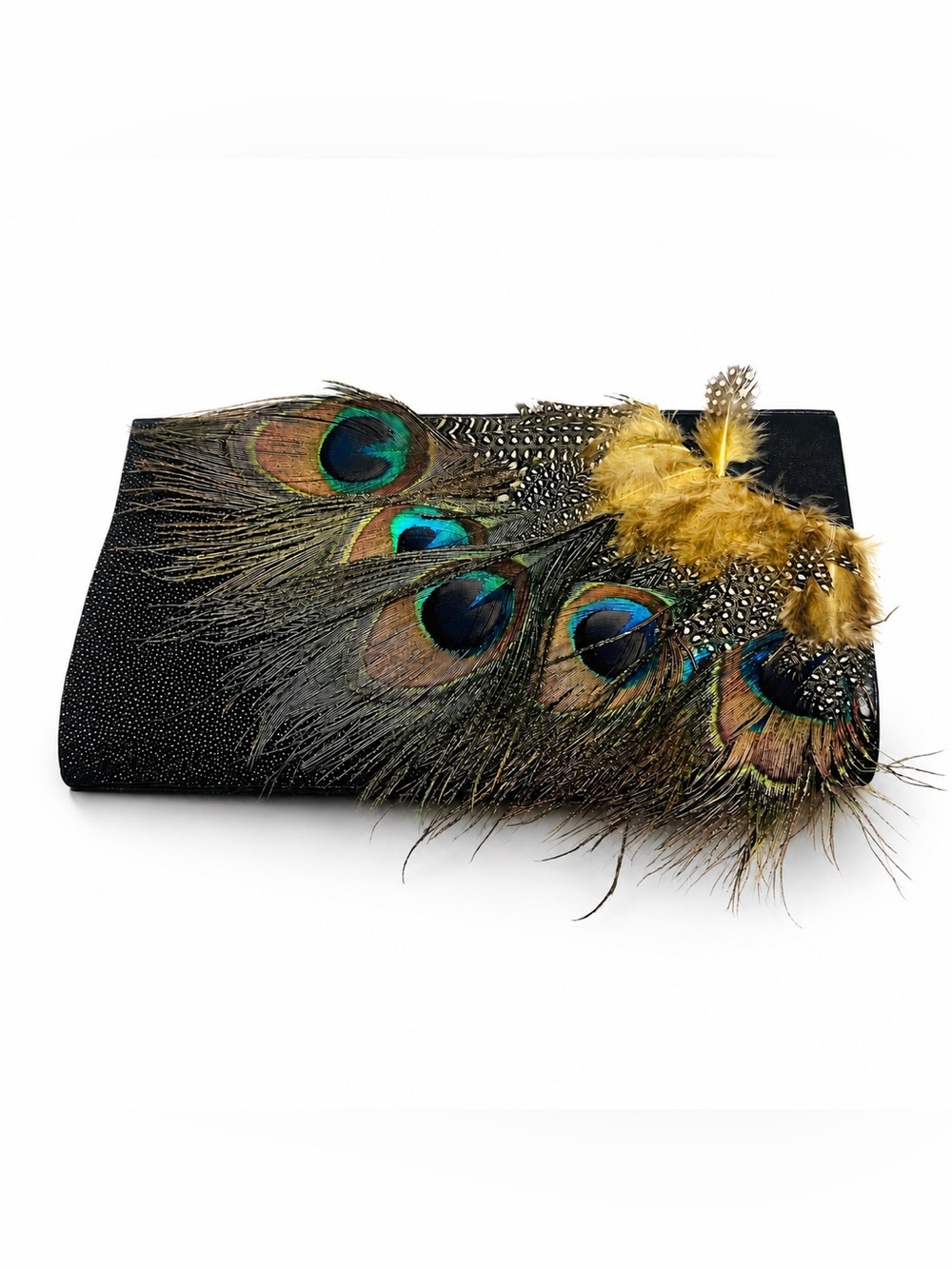 Brand New Designer LAWLESS Black Leather Clutch with Peacock Feather Accents